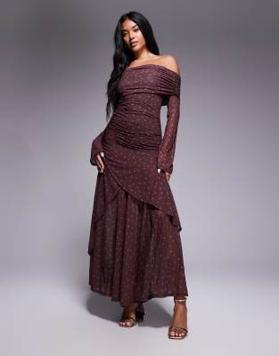 Asos Design Stretch Chiffon Long Sleeve Bardot Maxi Dress With Ruffle Hem In Burgundy
