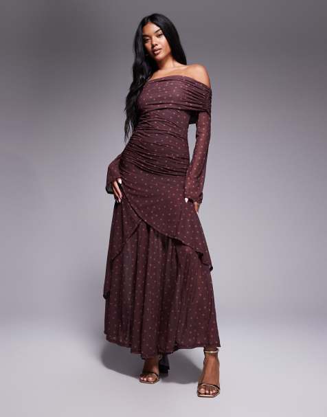 ASOS DESIGN stretch chiffon long sleeve bardot maxi dress with ruffle hem in polka dot print - view 1