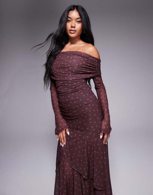 ASOS DESIGN stretch chiffon long sleeve bardot maxi dress with ruffle hem in polka dot print