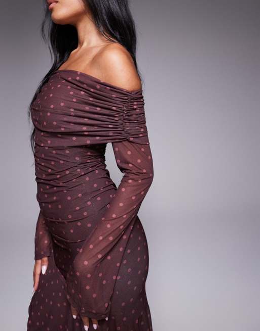 ASOS DESIGN stretch chiffon long sleeve bardot maxi dress with ruffle hem in polka dot print
