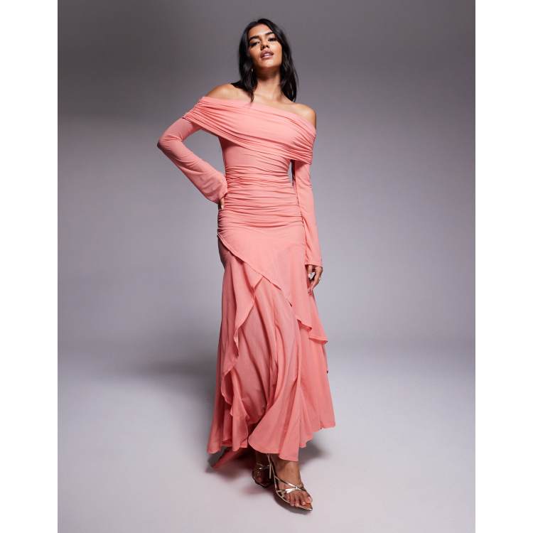 ASOS DESIGN stretch chiffon long sleeve off the shoulder maxi dress with  ruffle hem in coral | ASOS