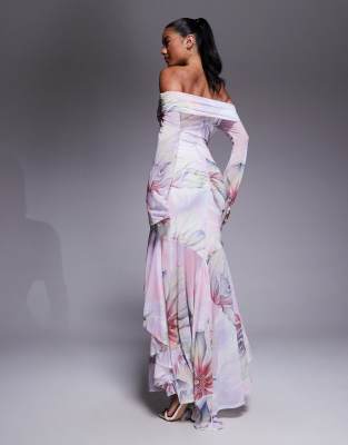Asos Design Stretch Chiffon Long Sleeve Off The Shoulder Maxi Dress With Ruffle Hem