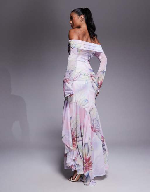 ASOS DESIGN stretch chiffon long sleeve off the shoulder maxi dress with ruffle hem in floral print