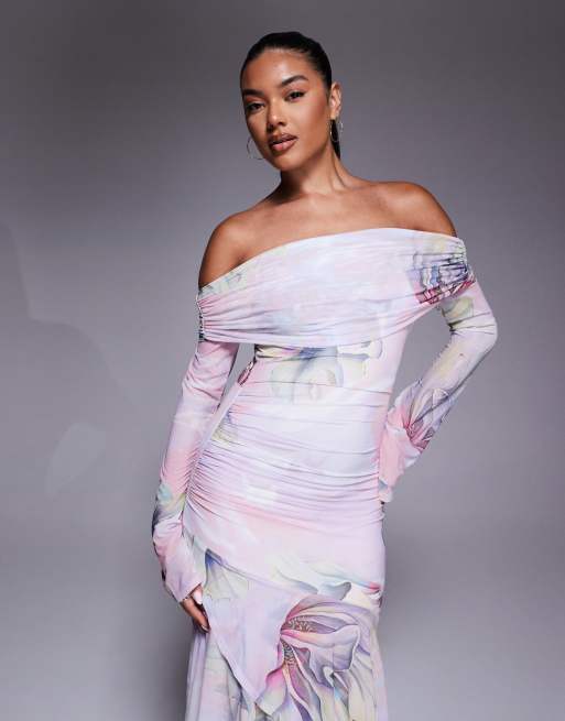 ASOS DESIGN stretch chiffon long sleeve off the shoulder maxi dress with ruffle hem in floral print