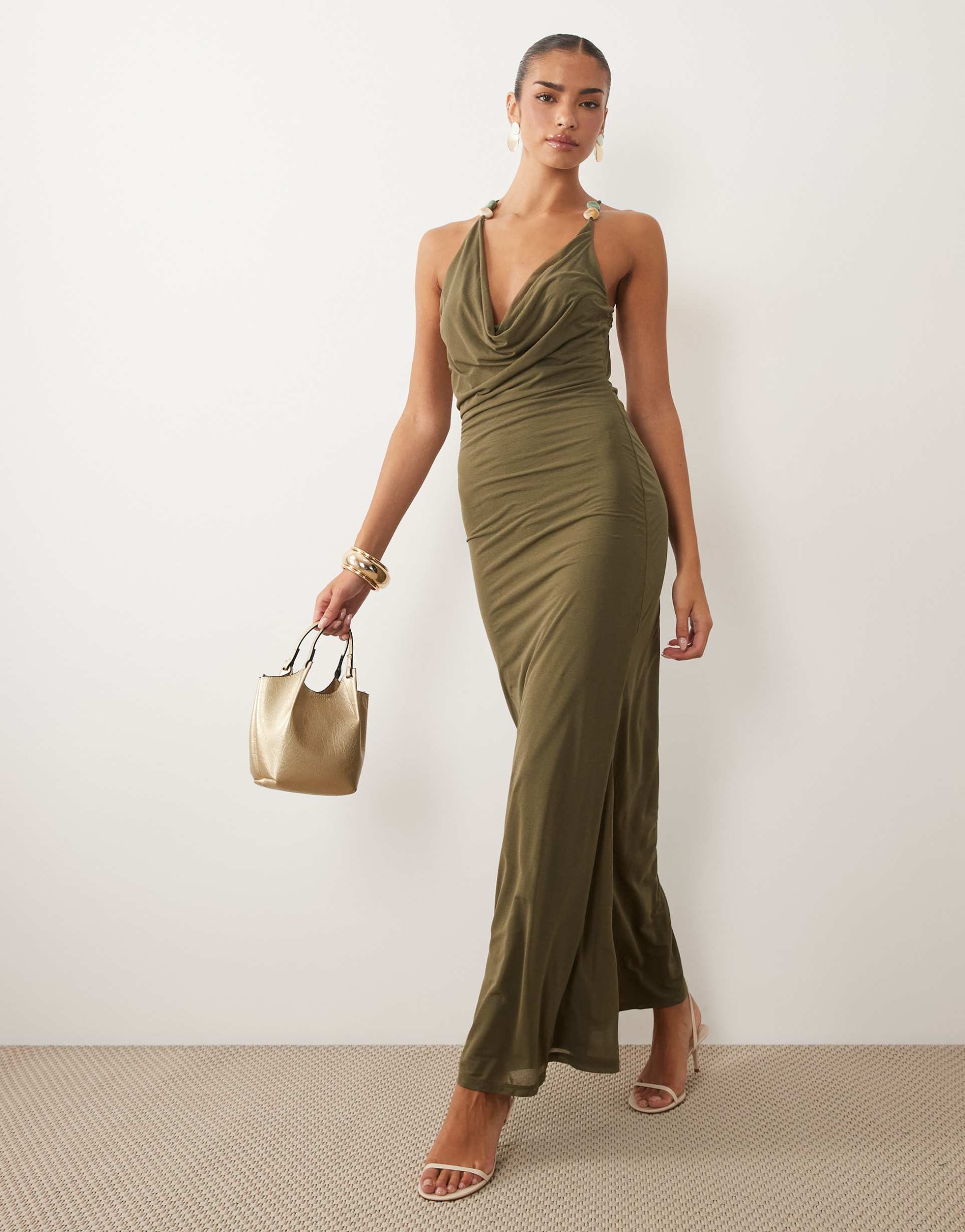 asos design stretch chiffon maxi dress with cowl neck in olive