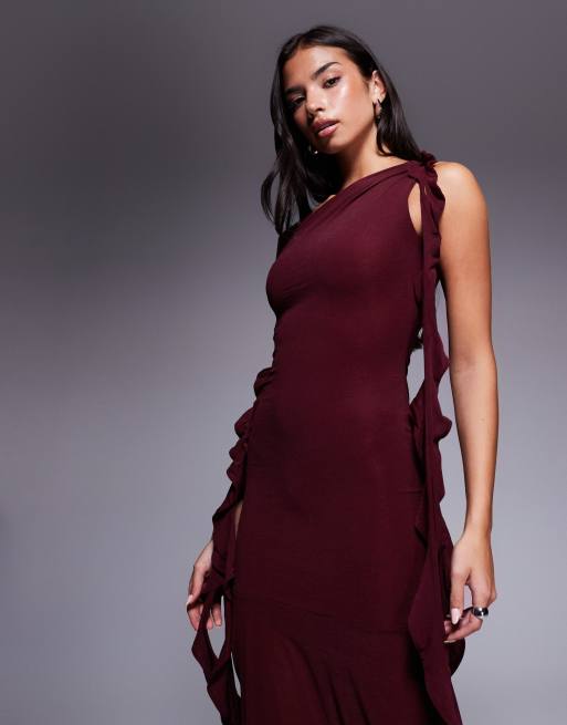 ASOS DESIGN stretch chiffon maxi dress with cut out and ruffle detail in mulberry, 2 of 4