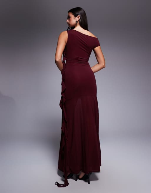 ASOS DESIGN stretch chiffon maxi dress with cut out and ruffle detail in mulberry, 3 of 4