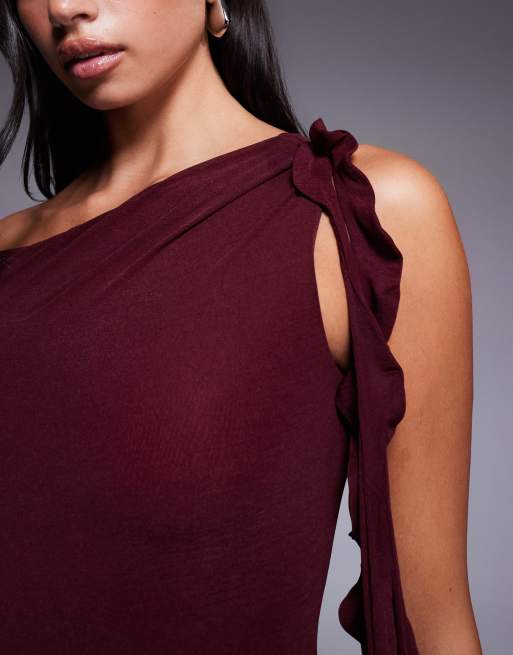 ASOS DESIGN stretch chiffon maxi dress with cut out and ruffle detail in mulberry, 4 of 4