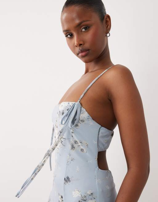 ASOS DESIGN stretch chiffon mini square neck cami dress with peek a boo underlayer in blue floral, 3 of 4