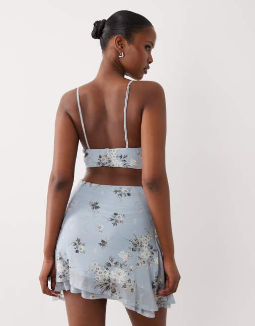ASOS DESIGN stretch chiffon mini square neck cami dress with peek a boo underlayer in blue floral, 4 of 4
