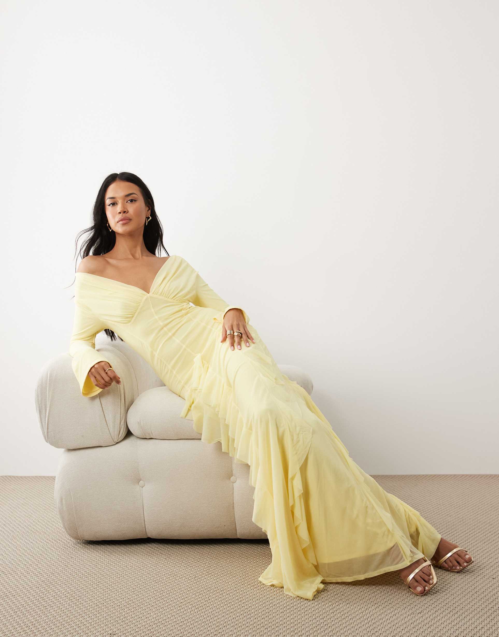 asos design stretch chiffon off shoulder long sleeve maxi dress with godets in lemon