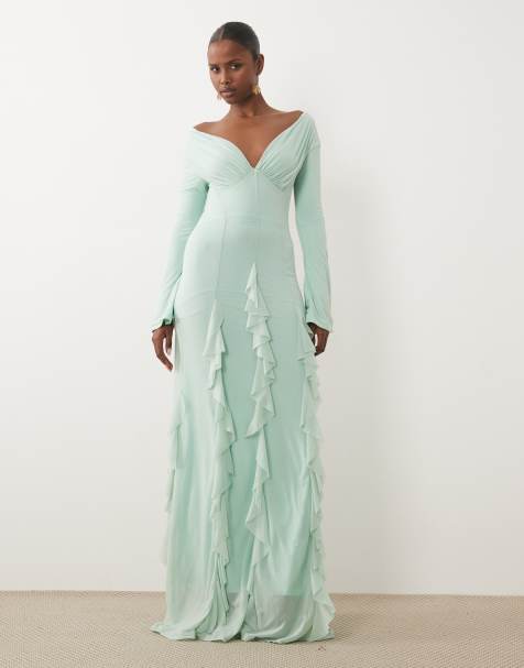 ASOS DESIGN stretch chiffon off the shoulder long sleeve maxi dress with godets in blue - view 1