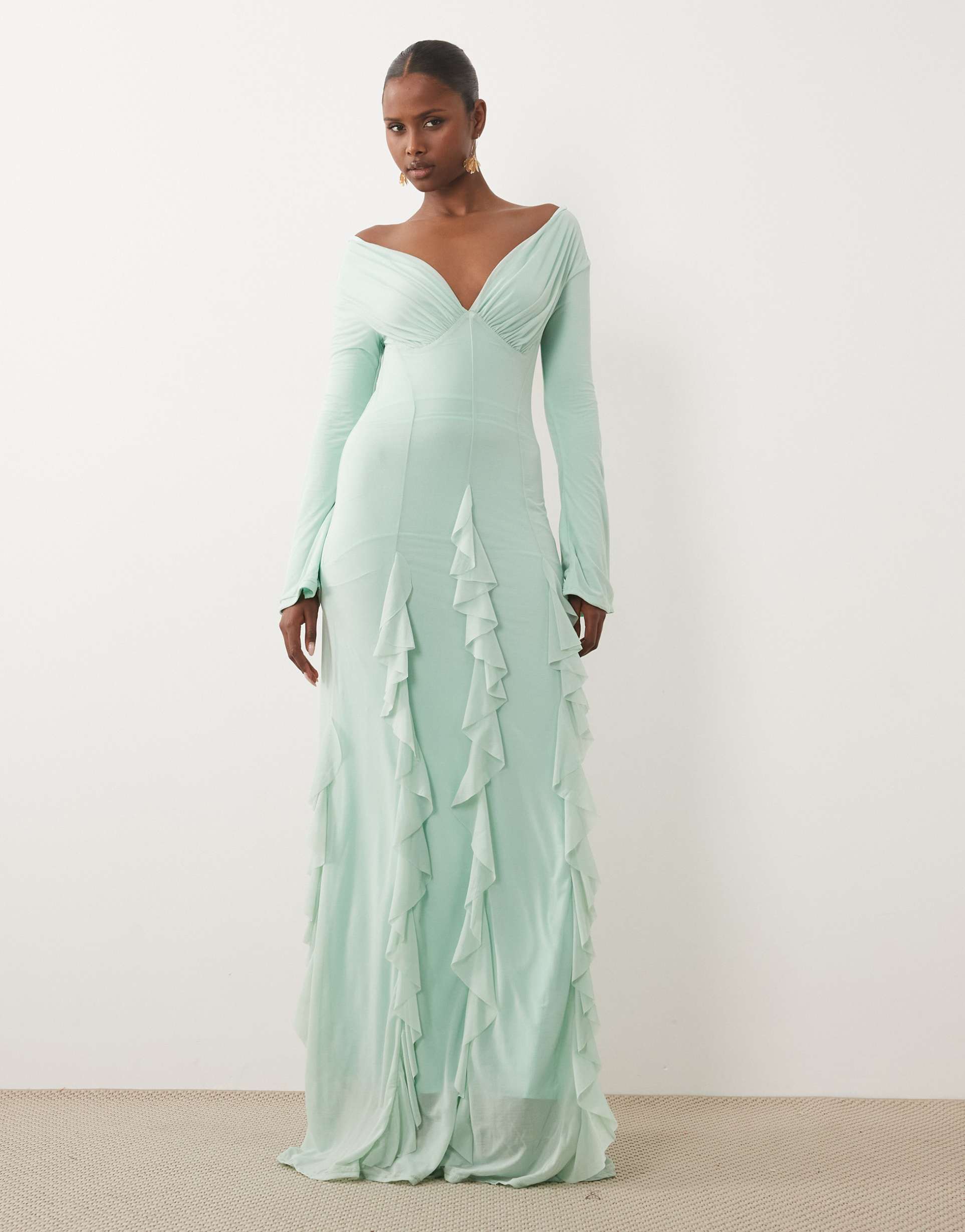 asos design stretch chiffon off the shoulder long sleeve maxi dress with godets in blue