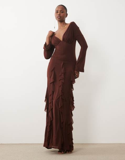 frilled dresses for women Cameron Blake CB139 The showstopping cascading ruffle detail flows down the front Women's Elegant Frilled Crewneck Long