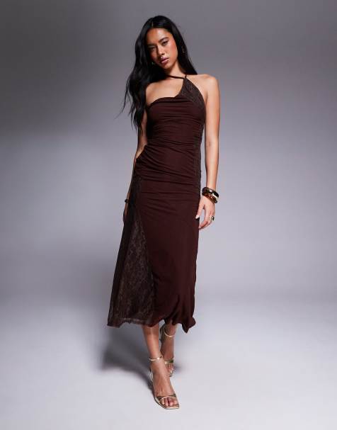 ASOS DESIGN stretch chiffon one shoulder midi dress with patchworked lace in chocolate - view 1