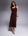 [ASOS DESIGN] ASOS DESIGN stretch chiffon one-shoulder midi dress with patchworked lace in chocolate-Brown 12 Chocolate