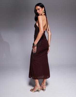ASOS DESIGN STRETCH CHIFFON ONE SHOULDER MIDI DRESS WITH PATCHWORKED LACE 