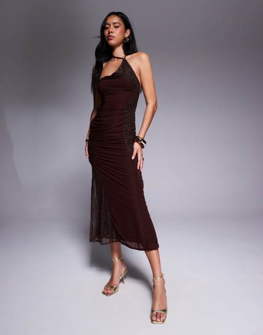 ASOS DESIGN stretch chiffon one shoulder midi dress with patchworked lace in chocolate