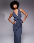 [ASOS DESIGN] ASOS DESIGN stretch chiffon plunge maxi dress with asymmetric ruffles in blue-Navy 4 Navy