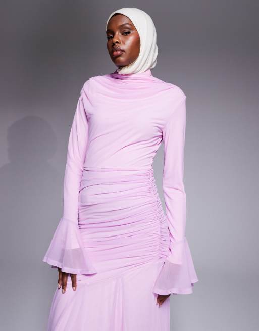 ASOS DESIGN stretch chiffon ruched draped waist maxi dress with fluted sleeve in baby pink, 2 of 4