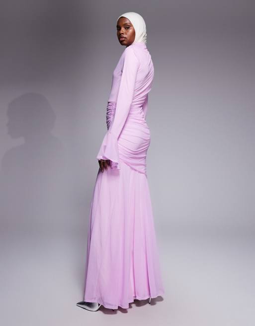 ASOS DESIGN stretch chiffon ruched draped waist maxi dress with fluted sleeve in baby pink, 4 of 4