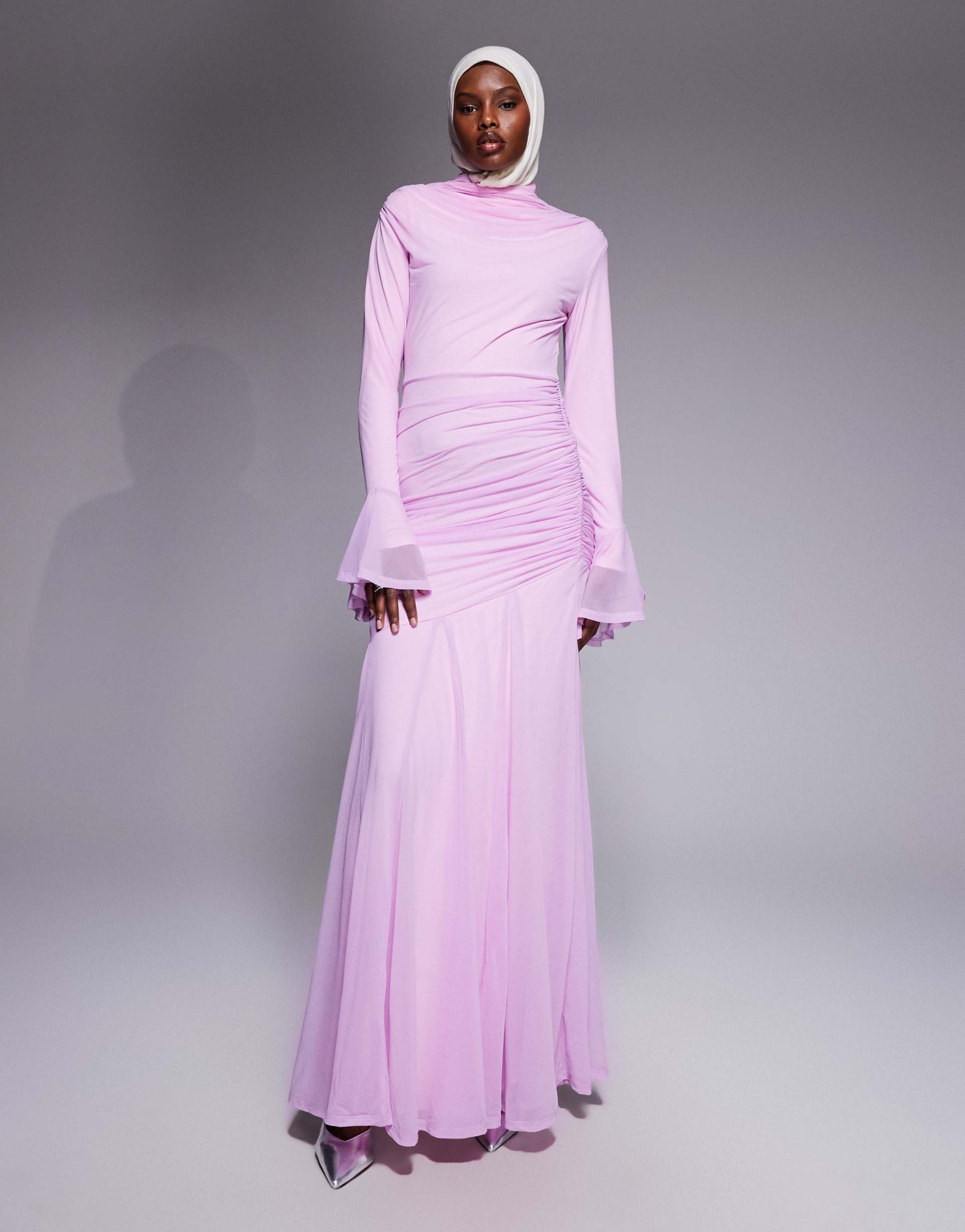 asos design stretch chiffon ruched draped waist maxi dress with fluted sleeves in baby pink