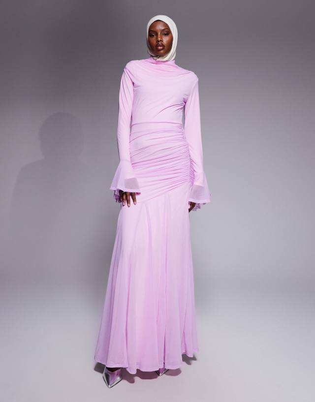 ASOS DESIGN stretch chiffon ruched draped waist maxi dress with fluted sleeves in baby pink