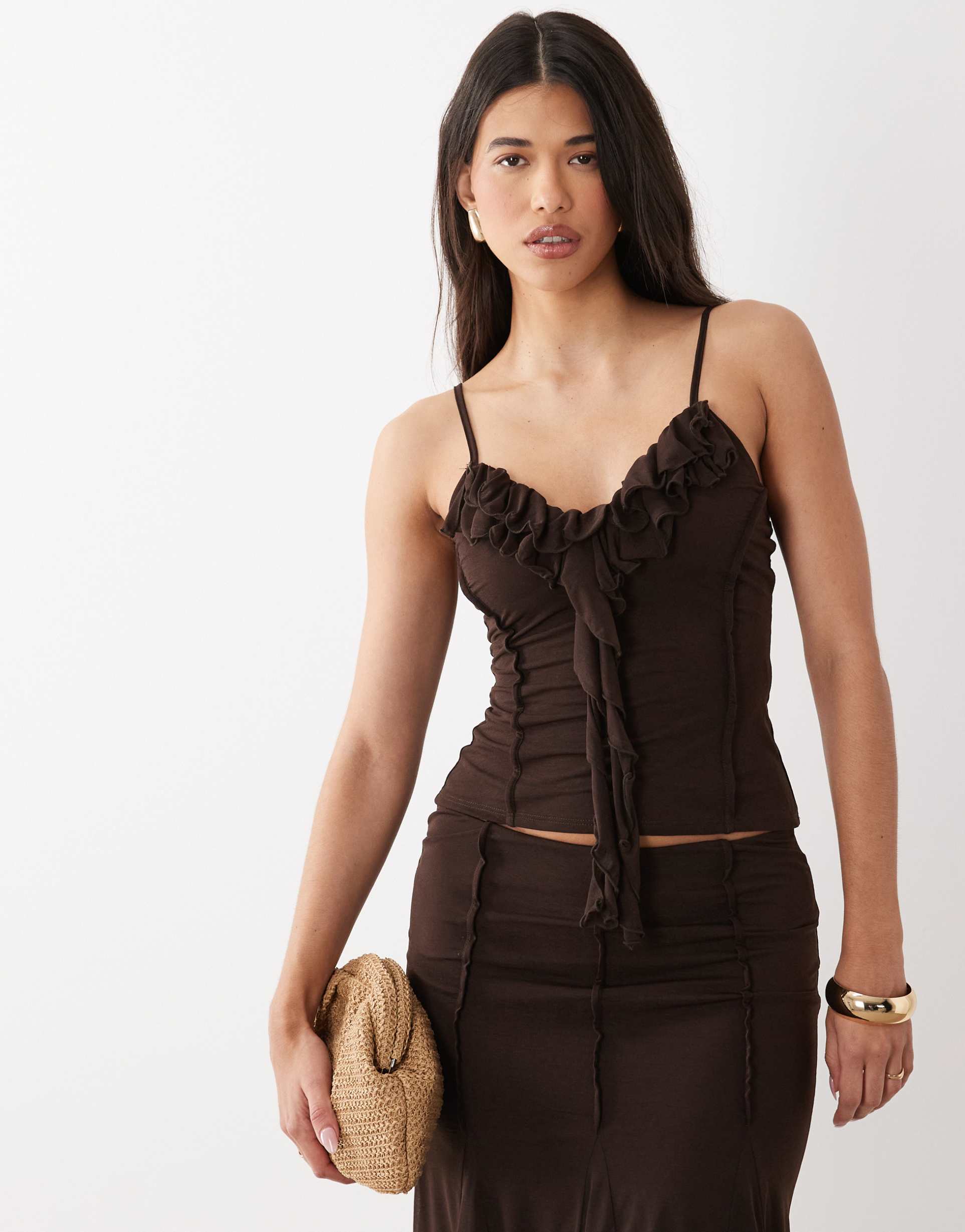 asos design stretch chiffon ruffle cami top in truffle - part of a set