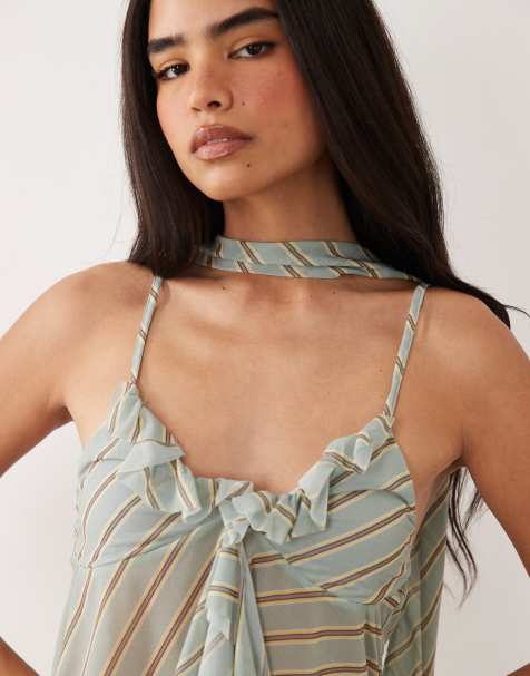 ASOS DESIGN stretch chiffon ruffle plunge scarf top in striped print - part of a set - view 1