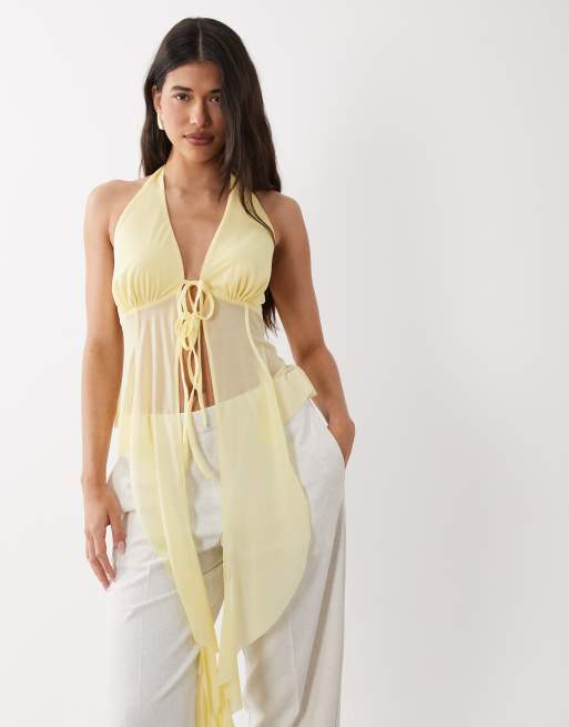 ASOS DESIGN stretch chiffon ruffle top in lemon, 2 of 4