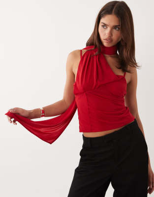 Asos Design Stretch Chiffon Scarf Wrap Top In Burgundy