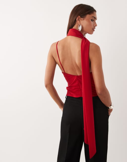 ASOS DESIGN stretch chiffon scarf wrap top in red, 4 of 4