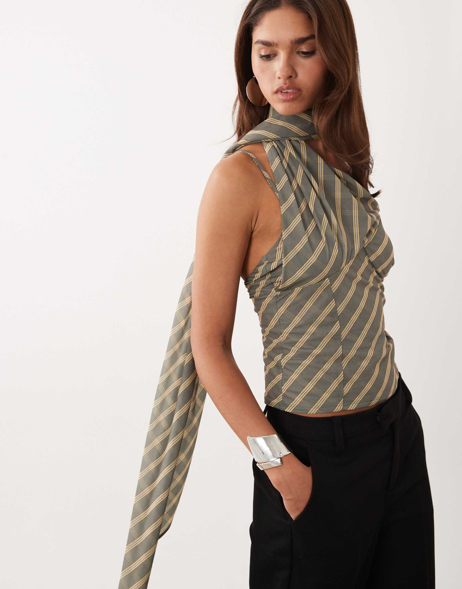 asos design stretch chiffon scarf wrap top in stripes
