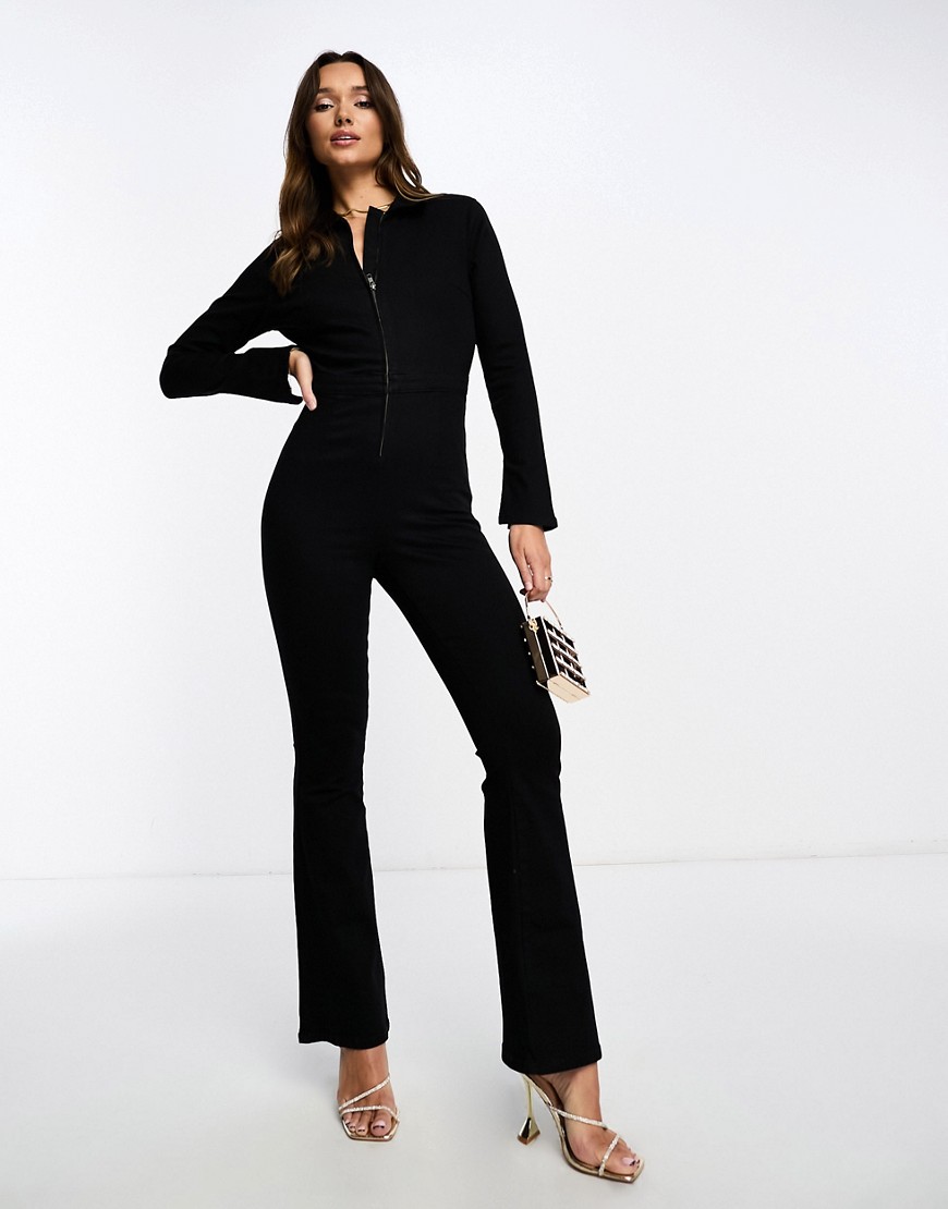 ASOS DESIGN stretch denim jumpsuit in black with long sleeves