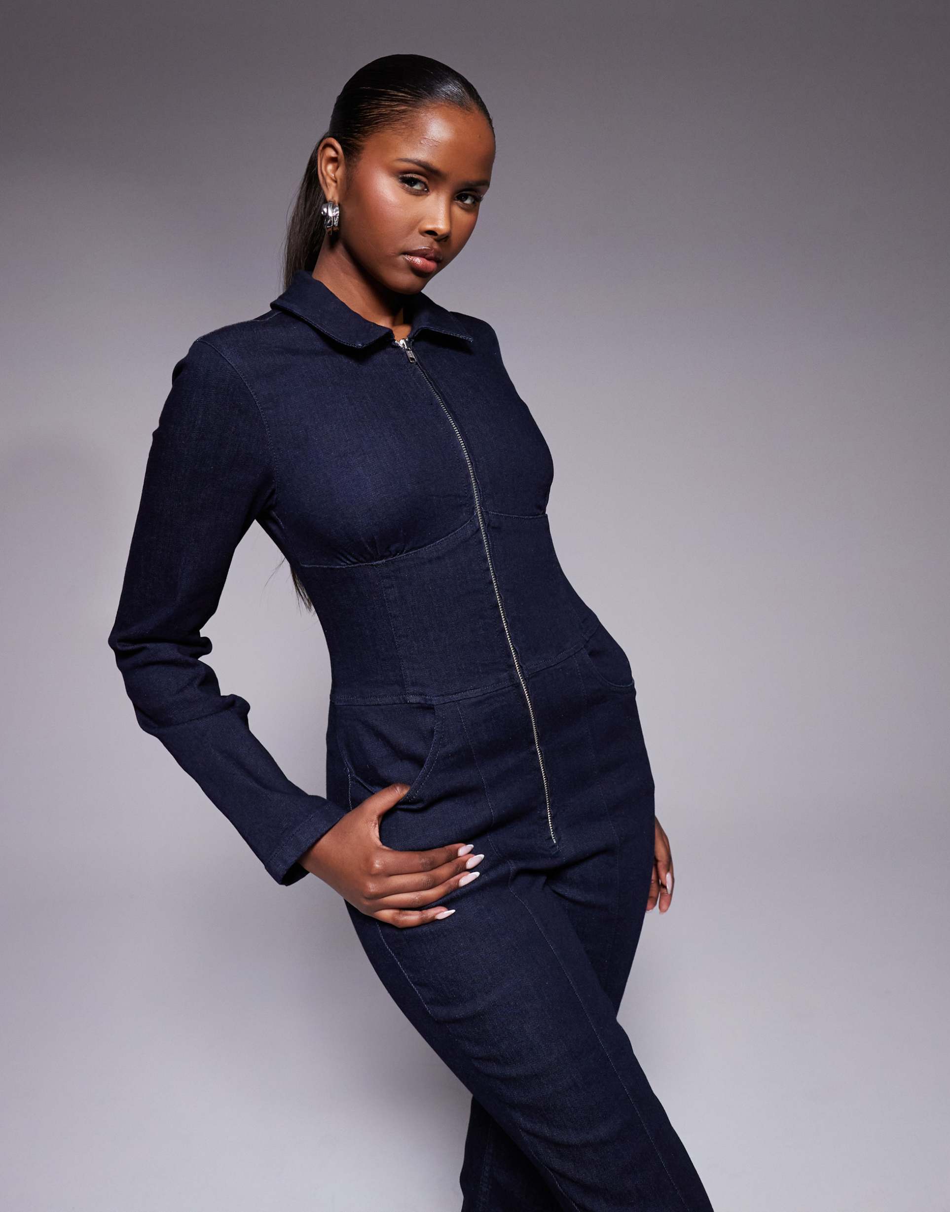 asos design stretch denim jumpsuit with corset waist in inky wash