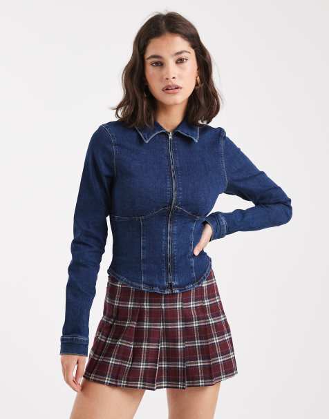ASOS DESIGN stretch denim zip through corset shirt in rinse wash - view 1
