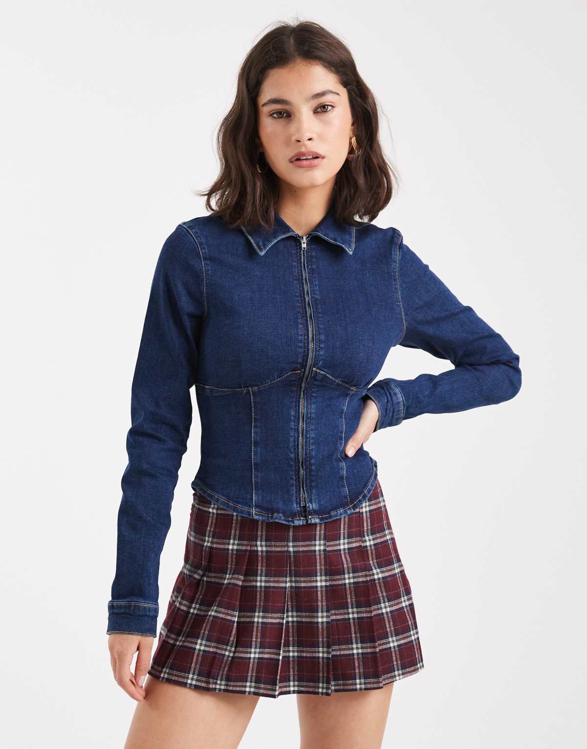 ASOS DESIGN stretch denim zip through corset shirt in rinse wash