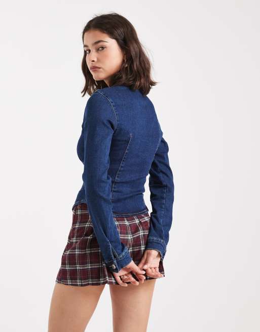 ASOS DESIGN stretch denim zip through corset shirt in rinse wash, 4 of 4