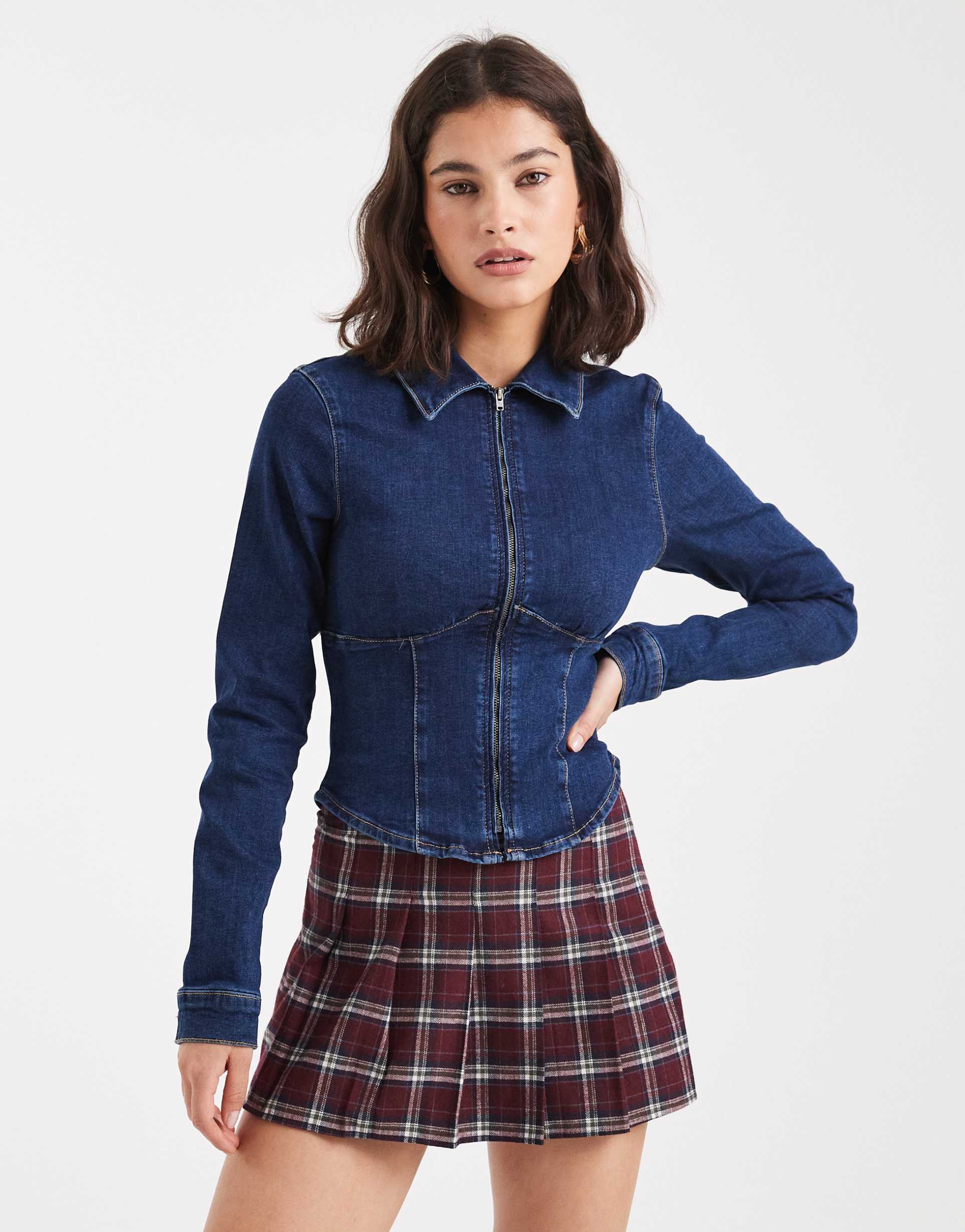 asos design stretch denim zip up corset shirt in rinse wash