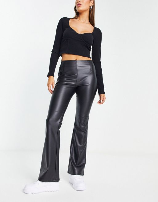 ASOS DESIGN stretch faux leather flare trouser in black | ASOS