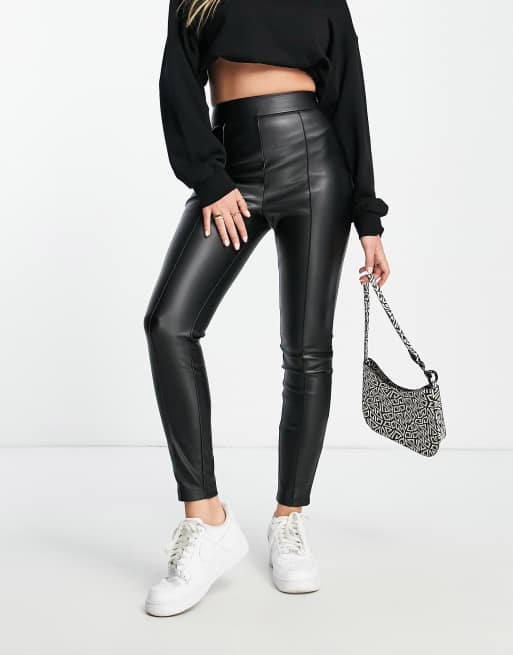 ASOS DESIGN stretch leather look cigarette trouser with pintuck in black