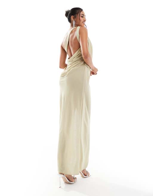 ASOS DESIGN stretch linen one shoulder drape maxi dress in pale sage | ASOS