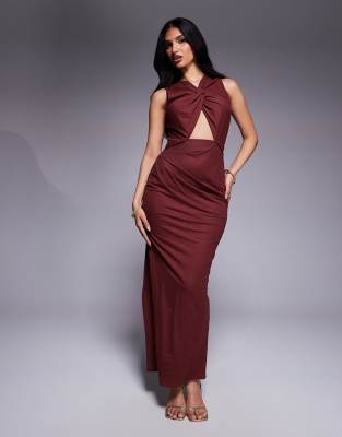 Asos Design Stretch Linen Twist Detail Midi Dress With Gold Trim Back In Neutral