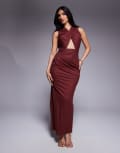 [ASOS DESIGN] ASOS DESIGN stretch linen twist detail midi dress with gold trim back in wine-Neutral 16 Wine