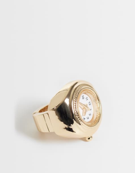 ASOS DESIGN stretch ring with faux-watch design in gold tone - view 1