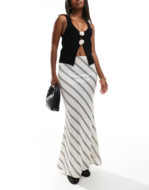 ASOS DESIGN – Stretch-Rock aus Satin in Creme mit diagonalen Streifen - view 1