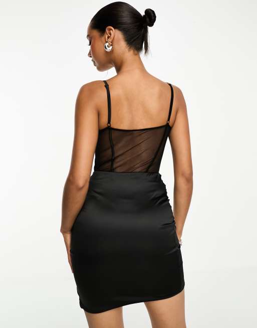 ASOS DESIGN stretch satin and mesh corset bodysuit in black (part of a set), 2 of 4