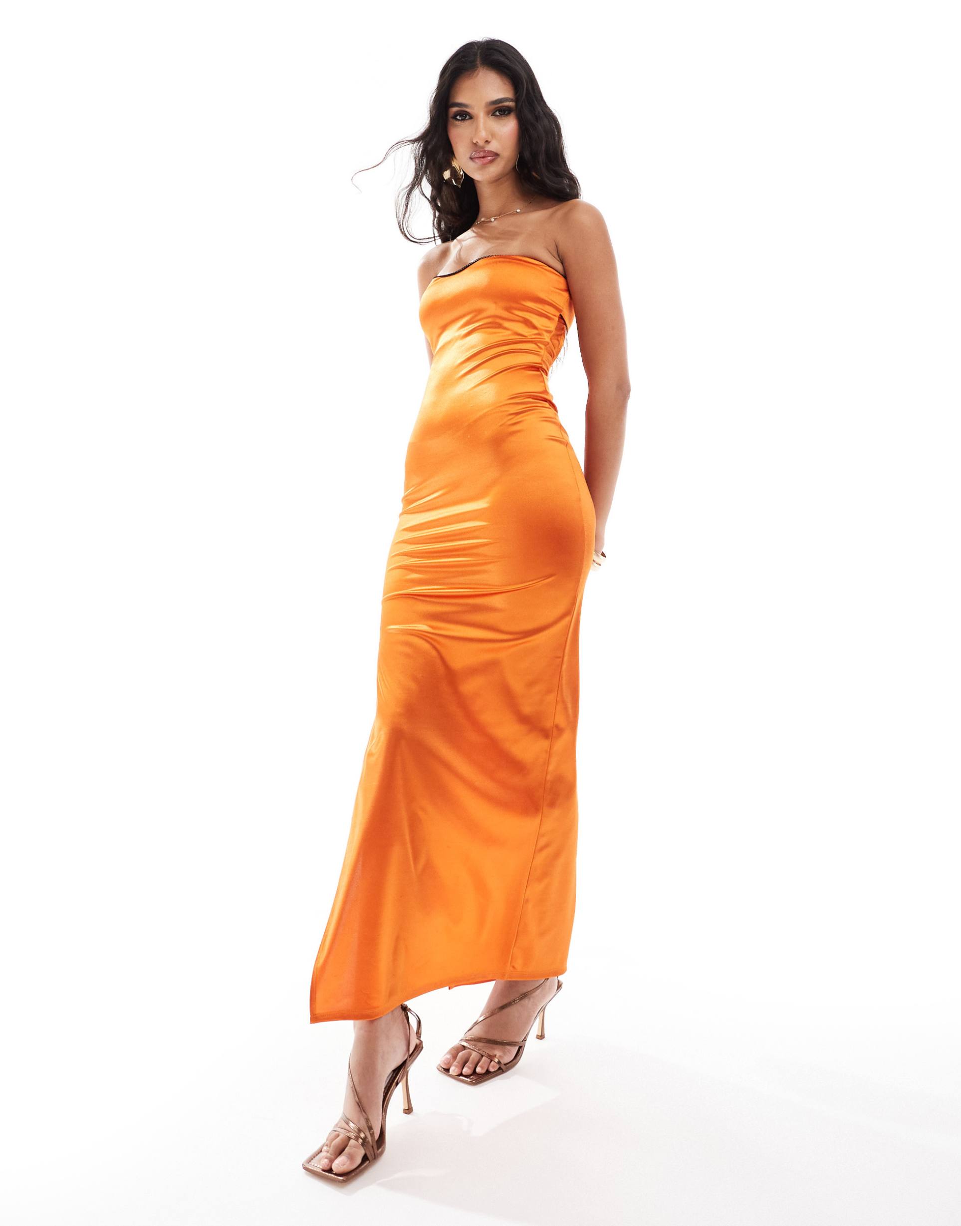 asos design stretch satin bodycon midi dress with picot trim in bright orange