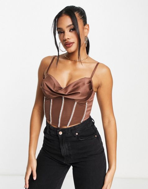ASOS DESIGN short sleeve corset top with ultra wide neck in camel