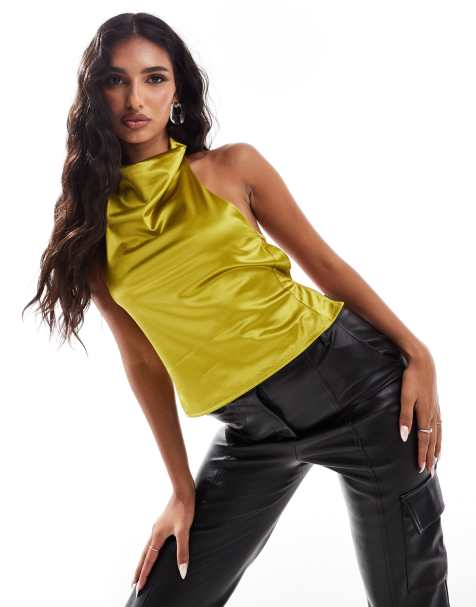 ASOS DESIGN stretch satin cowl halter neck open back top in lime - view 1